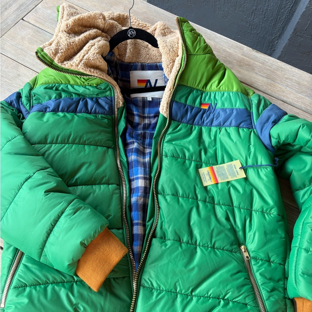 Aviator Nation Green and Blue Hooded Puffer Jacket (New with tags)